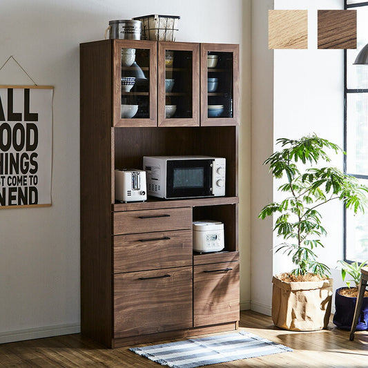 食器棚 キッチンボード 幅90 奥行45 高さ180 モイス加工付き 完成品 オーク ウォールナット ソフトクローズ レンジ台 ガラス扉(代引不可)