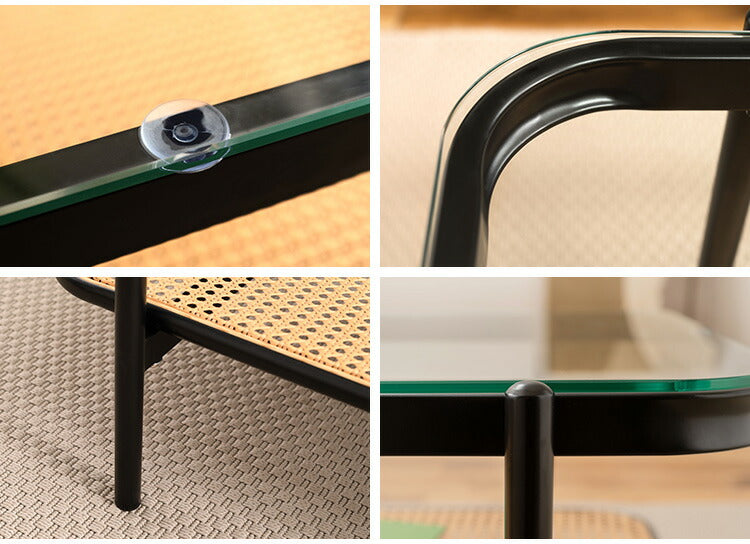 ガラステーブル ラタン 幅110cm リビングテーブル センターテーブル 籐 透け感 抜け感 おしゃれ シンプル ブラック 黒 ディスプレイ収納 棚 かっこいい モダン インダストリアル テーブル 机 つくえ(代引不可)