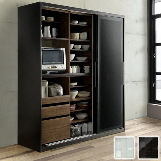 食器棚 完成品 引き戸 幅180cm 高さ200cm 開梱設置無料 ガラス スライド扉 コンセント付き キッチン シンプル キッチン収納 収納 キッチンボード レンジ台 飛散防止フィルム ホワイト ブラック (代引不可)