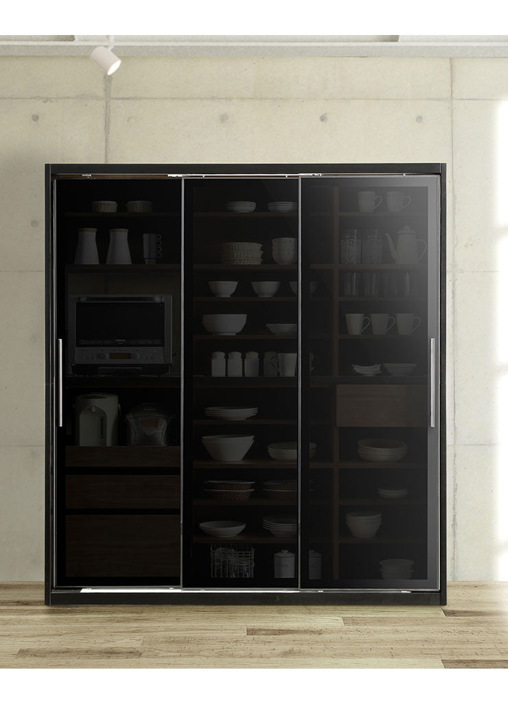 食器棚 完成品 引き戸 幅180cm 高さ200cm 開梱設置無料 ガラス スライド扉 コンセント付き キッチン シンプル キッチン収納 収納 キッチンボード レンジ台 飛散防止フィルム ホワイト ブラック (代引不可)