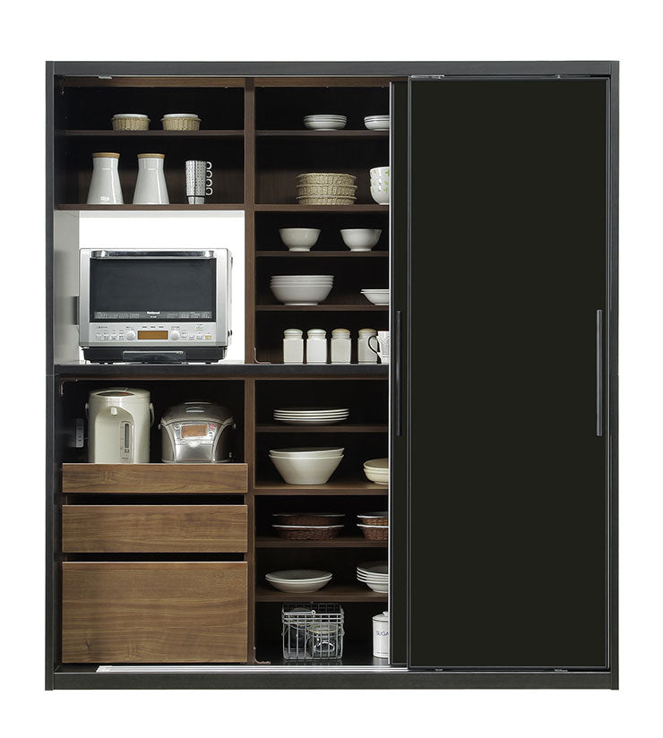 食器棚 完成品 引き戸 幅180cm 高さ200cm 開梱設置無料 ガラス スライド扉 コンセント付き キッチン シンプル キッチン収納 収納 キッチンボード レンジ台 飛散防止フィルム ホワイト ブラック (代引不可)