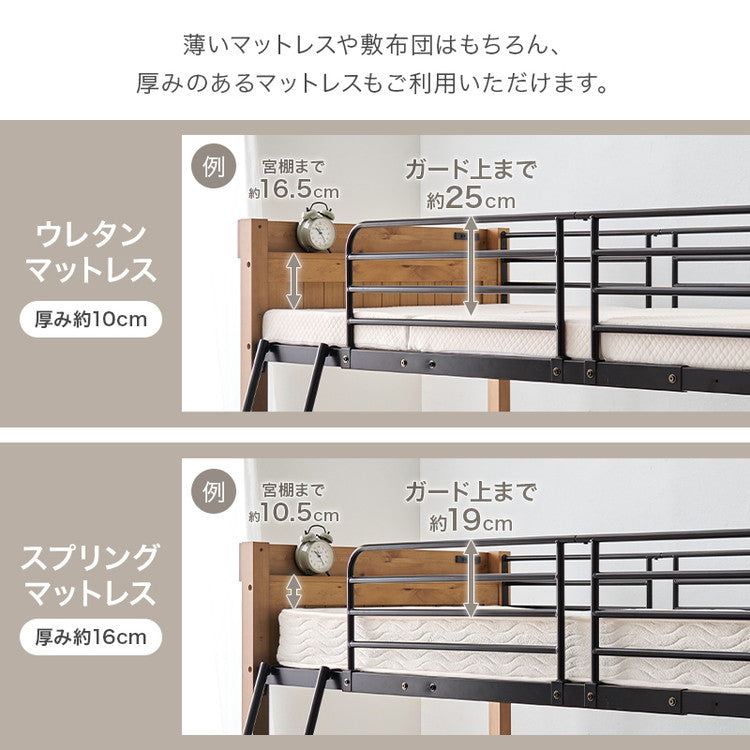 ロフトベッド 天然木 棚付き コンセント付き シングル パイプベッド ベッドガード 高さ137cm ロータイプ ベッドフレーム(代引不可)