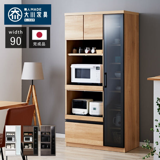 食器棚 幅90 高さ180 モイス加工 国産 完成品 大川家具 ガラス 開梱設置無料 大容量 キッチン収納 収納 キッチンボード ダイニング オーク 鏡面ホワイト ブラウン グレー インテリア ジャパンディ(代引不可)