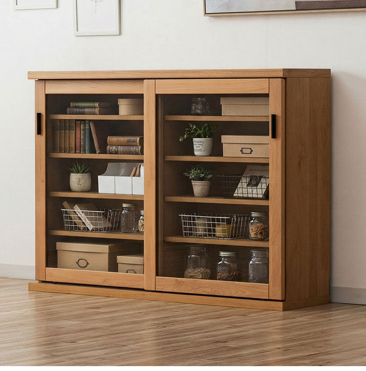 収納棚 シェルフ ラック スリム 完成品 国産 幅120 奥行30 高さ85 カウンター下収納 アルダー無垢材 天然木 木製 北欧 ガラス 引き戸 省スペース ナチュラル ブラウン インテリア おしゃれ(代引不可)