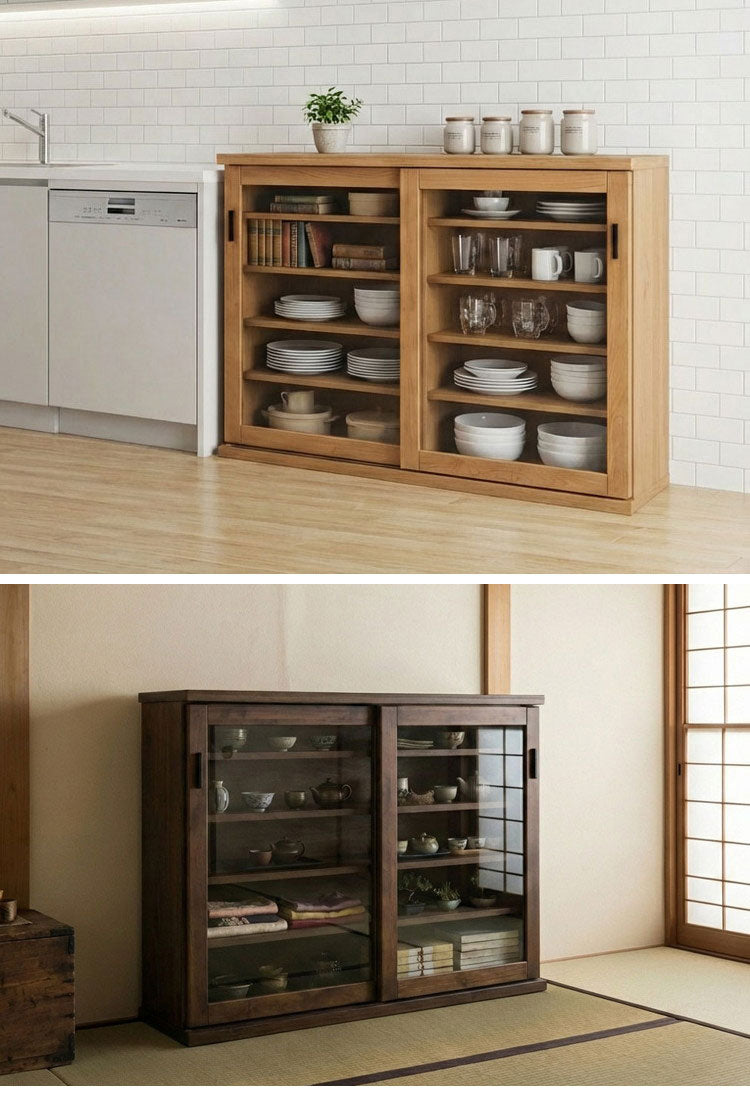 収納棚 シェルフ ラック スリム 完成品 国産 幅120 奥行30 高さ85 カウンター下収納 アルダー無垢材 天然木 木製 北欧 ガラス 引き戸 省スペース ナチュラル ブラウン インテリア おしゃれ(代引不可)