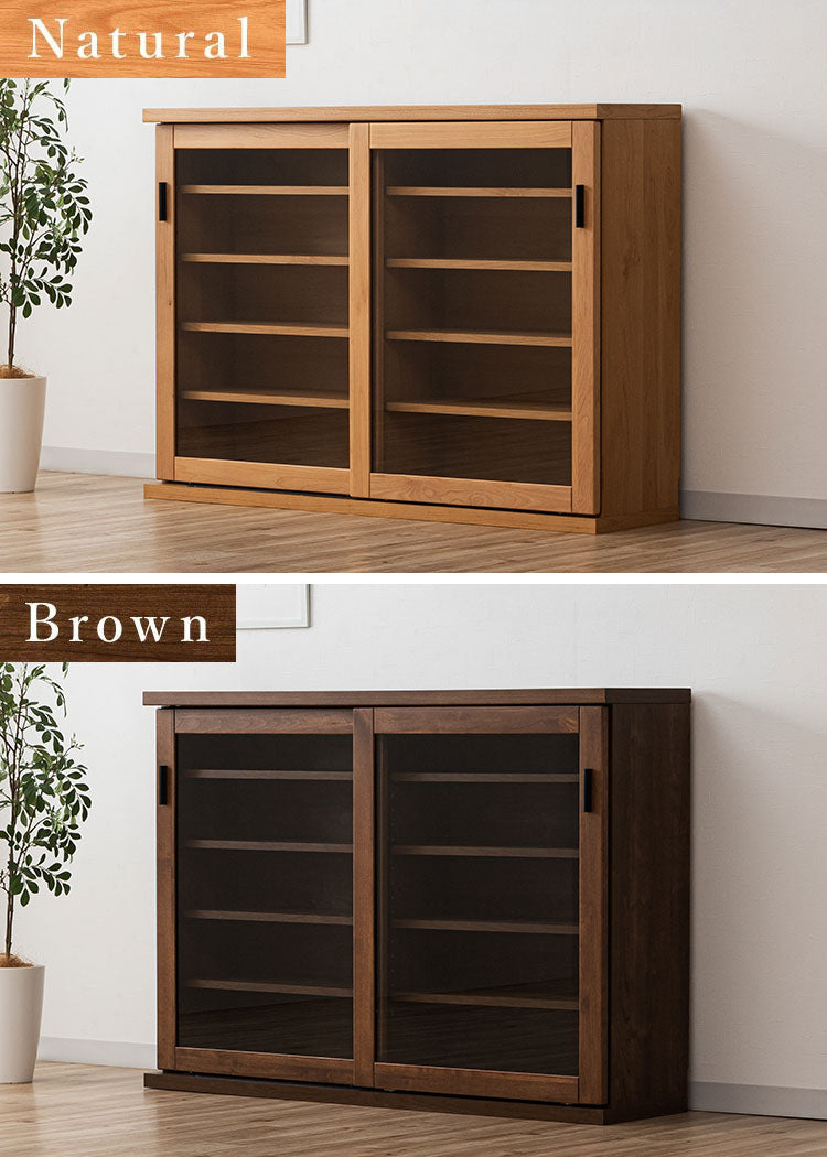 収納棚 シェルフ ラック スリム 完成品 国産 幅120 奥行30 高さ85 カウンター下収納 アルダー無垢材 天然木 木製 北欧 ガラス 引き戸 省スペース ナチュラル ブラウン インテリア おしゃれ(代引不可)