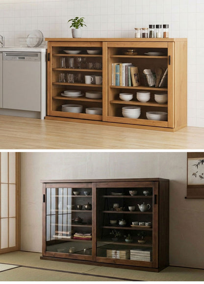 収納棚 シェルフ ラック スリム 完成品 国産 幅150 奥行30 高さ85 カウンター下収納 アルダー無垢材 天然木 木製 北欧 ガラス 引き戸 省スペース ナチュラル ブラウン インテリア おしゃれ(代引不可)