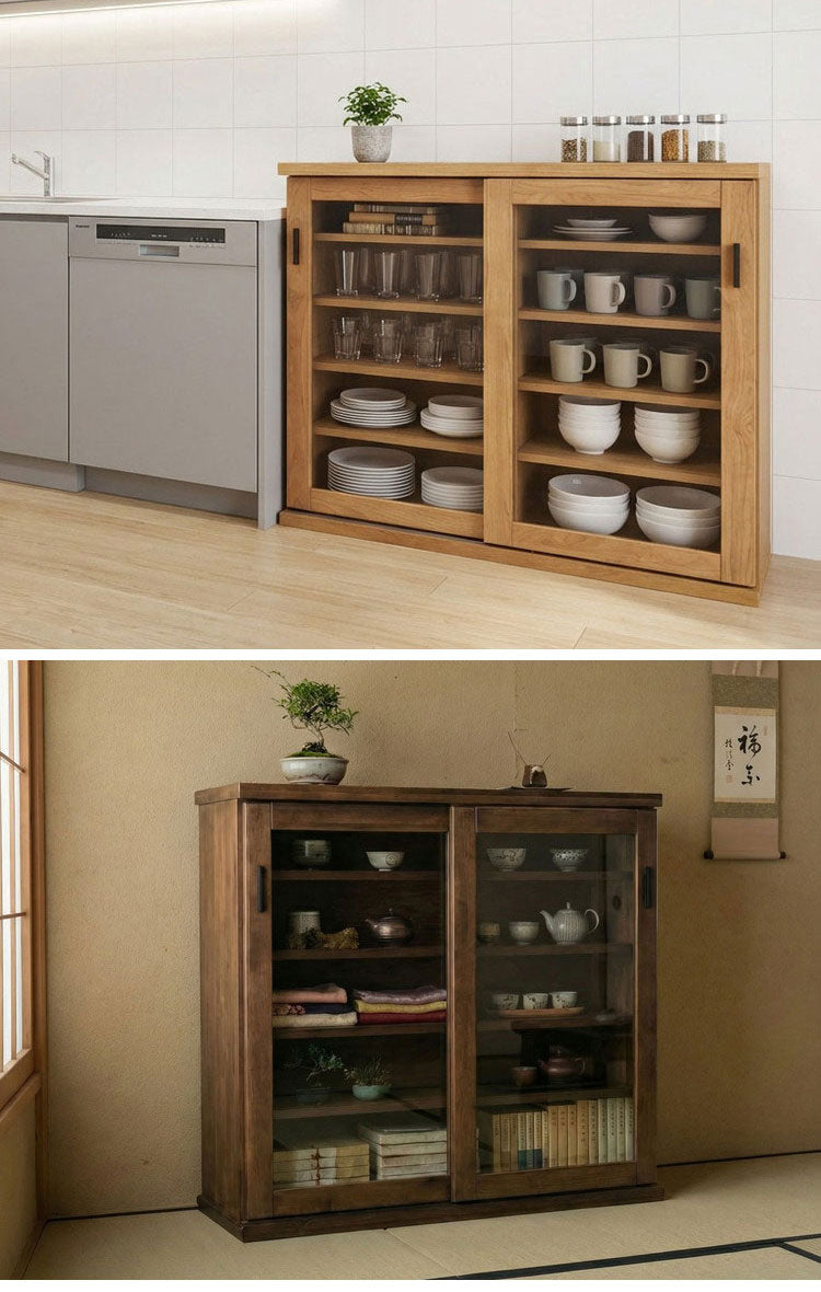 収納棚 シェルフ ラック スリム 完成品 国産 幅90 奥行30 高さ85 カウンター下収納 アルダー無垢材 天然木 木製 北欧 省スペース 棚 ガラス 引き戸 ナチュラル ブラウン インテリア おしゃれ(代引不可)