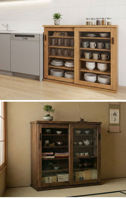 収納棚 シェルフ ラック スリム 完成品 国産 幅90 奥行30 高さ85 カウンター下収納 アルダー無垢材 天然木 木製 北欧 省スペース 棚 ガラス 引き戸 ナチュラル ブラウン インテリア おしゃれ(代引不可)