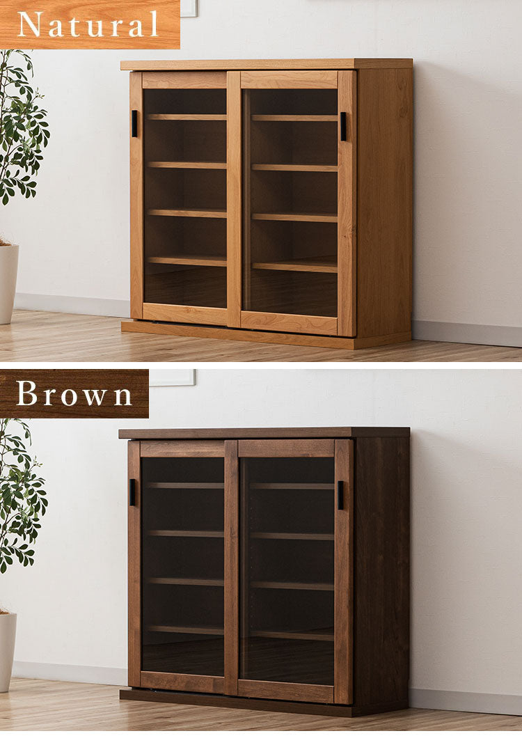収納棚 シェルフ ラック スリム 完成品 国産 幅90 奥行30 高さ85 カウンター下収納 アルダー無垢材 天然木 木製 北欧 省スペース 棚 ガラス 引き戸 ナチュラル ブラウン インテリア おしゃれ(代引不可)