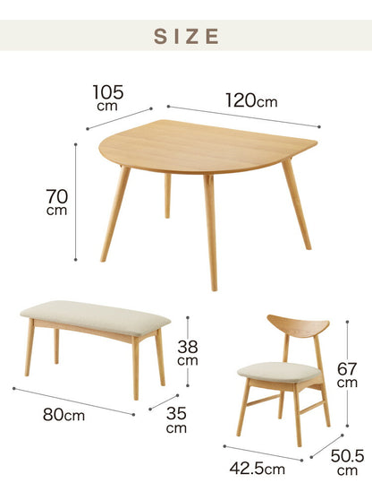省スペース 半円ダイニング 4点セット 幅120 テーブル+チェア2脚+ベンチ 壁付け すっきり収納 円形 2人用 3人用 食卓 カウンター 壁付けテーブル 天然木 木製 おしゃれ(代引不可)