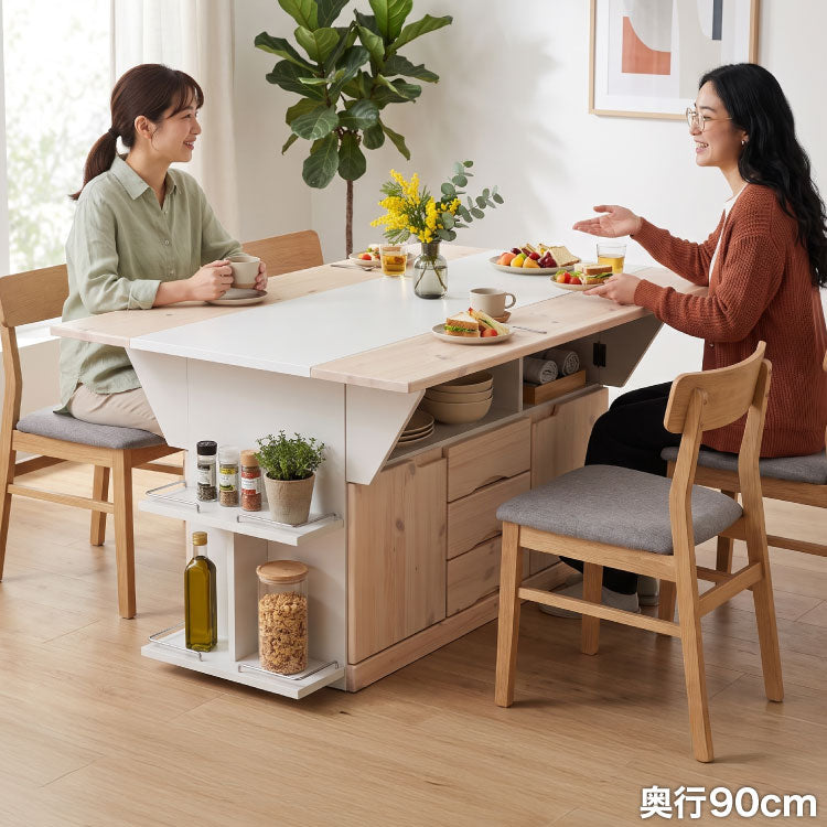 キッチンカウンター キッチンワゴン 日本製 国産 大川家具 完成品 バタフライテーブル サイドボード 幅120 奥行90 高さ70 両バタワゴン ナチュラル 伸長式 キッチン収納 収納 料理 調理 キッチン(代引不可)