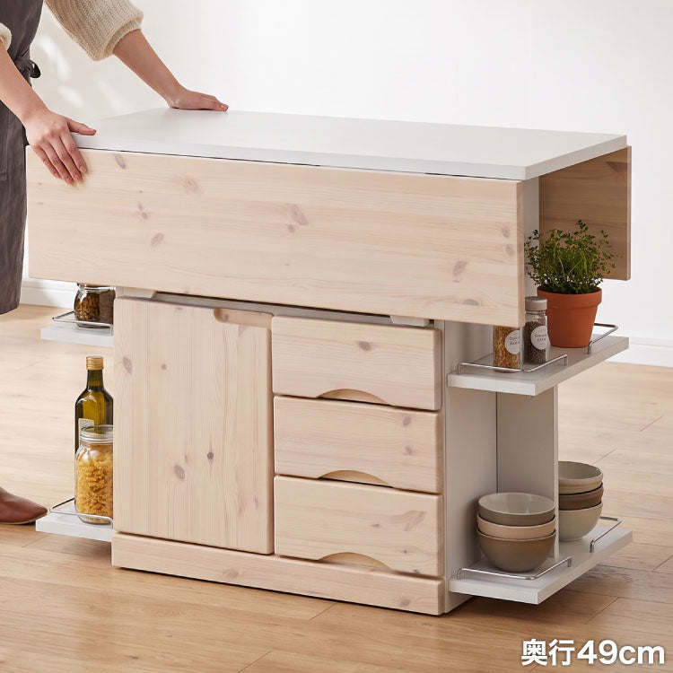 キッチンカウンター キッチンワゴン 日本製 国産 大川家具 完成品 バタフライテーブル サイドボード 幅90 奥行90 高さ70 両バタワゴン ナチュラル 伸長式 キッチン収納 収納 料理 調理 キッチン(代引不可)