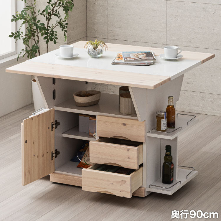 キッチンカウンター キッチンワゴン 日本製 国産 大川家具 完成品 バタフライテーブル サイドボード 幅90 奥行90 高さ70 両バタワゴン ナチュラル 伸長式 キッチン収納 収納 料理 調理 キッチン(代引不可)