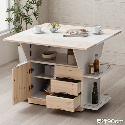 キッチンカウンター キッチンワゴン 日本製 国産 大川家具 完成品 バタフライテーブル サイドボード 幅90 奥行90 高さ70 両バタワゴン ナチュラル 伸長式 キッチン収納 収納 料理 調理 キッチン(代引不可)