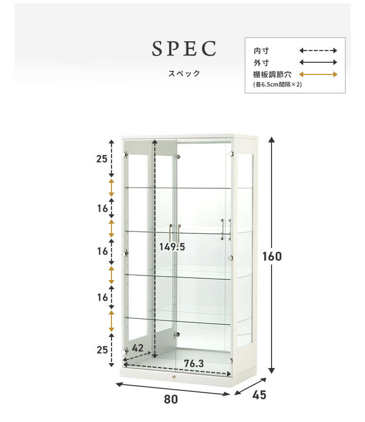 コレクションケース単品 幅80×奥行45×高さ160cm サラ80 ロータイプ