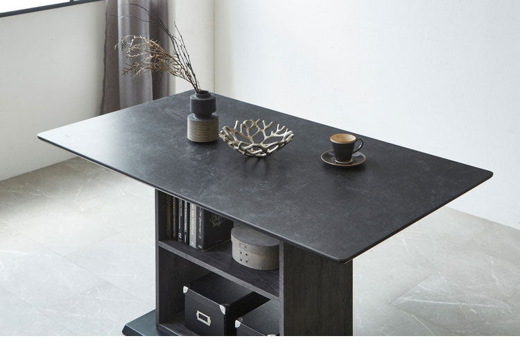 セラミックテーブル 140 ダイニングテーブル 収納棚付き 4人用 モダン セラミック天板 収納 ラック 食卓 作業台 デスク 傷防止 耐久性 モノトーン ダークグレー ライトグレー インテリア 片づけ(代引不可)