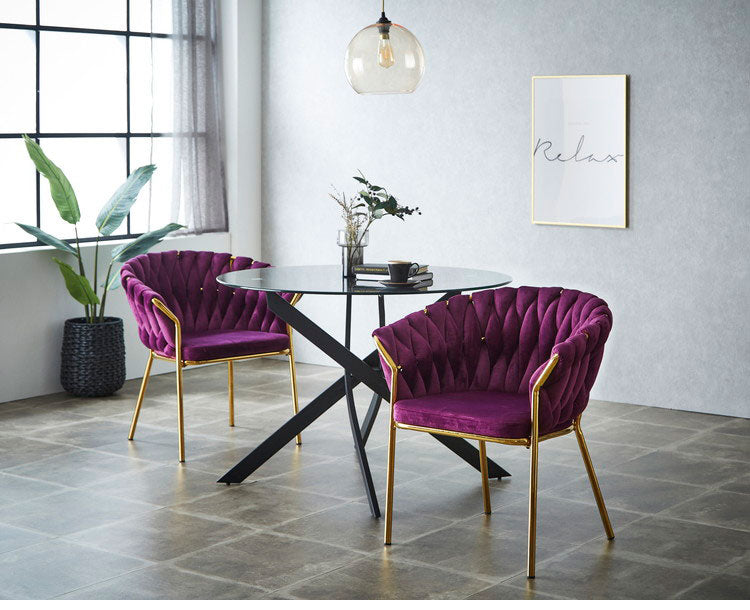 ガラス ダイニングテーブル ルイーズ 幅110cm 強化ガラス 10mm厚 2人~4人用 円形 丸テーブル風 クロス脚 アイアン脚 モダン スタイリッシュ おしゃれ カフェ風 クリア ホワイト ブラック 食卓机(代引不可)