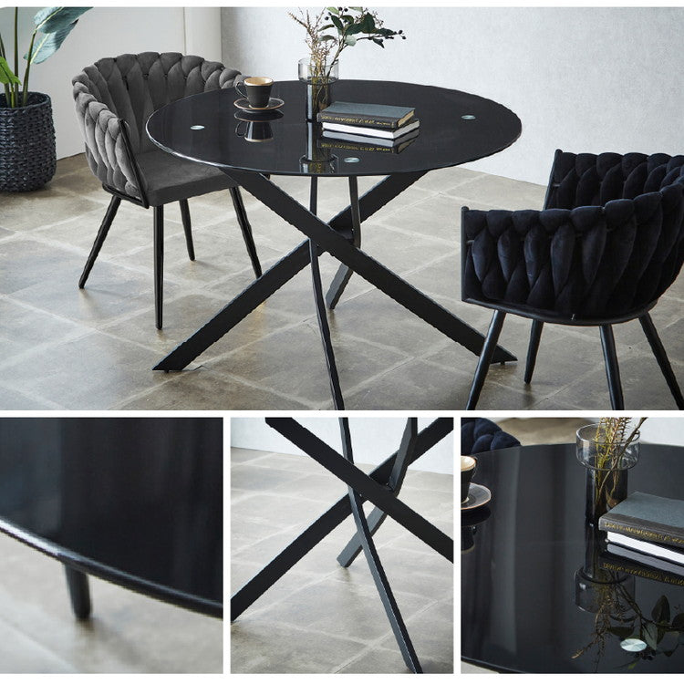 ガラス ダイニングテーブル ルイーズ 幅110cm 強化ガラス 10mm厚 2人~4人用 円形 丸テーブル風 クロス脚 アイアン脚 モダン スタイリッシュ おしゃれ カフェ風 クリア ホワイト ブラック 食卓机(代引不可)