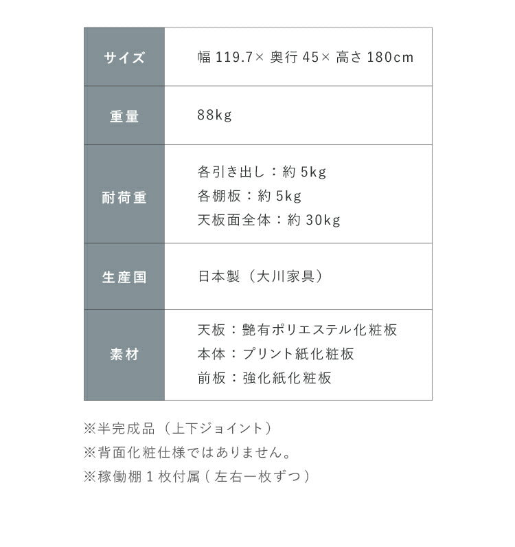 食器棚 キッチン収納 幅120cm 高さ180cm 奥行45cm 開梱設置付き ハイタイプ 大容量 国産 完成品 大川家具 日本製 キッチンボード 収納 ホワイト ブラウン 木目 ダイニング フルオープンレール 北欧(代引不可)