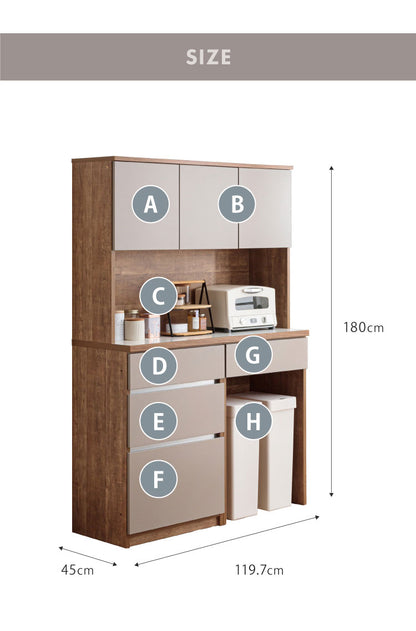食器棚 キッチン収納 幅120cm 高さ180cm 奥行45cm 開梱設置付き ハイタイプ 大容量 国産 完成品 大川家具 日本製 キッチンボード ダスト収納 ホワイト ブラウン ダイニング フルオープンレール 北欧(代引不可)