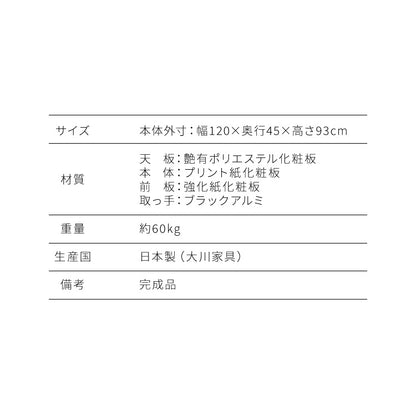 キッチンカウンター 120 完成品 FRON120 引き出し収納 オープンスライド収納 レンジ台 間仕切り 背面化粧 奥行45 高さ93 フルオープンレール ポリエステル化粧板(代引不可)