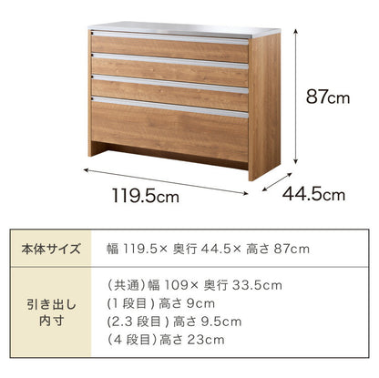 キッチンカウンター ステンレス天板 120cm 他とは違う職人加工の超フラット背面仕上げ 日本製 完成品 W119.5×D44.5×H87cm 4段 レンジ台 カウンター テーブル 食器棚 キッチンボード(代引不可)