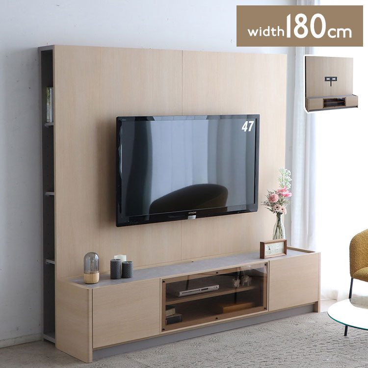 テレビボード 幅180cm シェルフ付き 日本製 ローボード ガラス扉 モルタル調 AV収納 ゲーム収納 テレビラック 配線コード 木目調 高級感 モダン テレビ台 上品 ナチュラル(代引不可)
