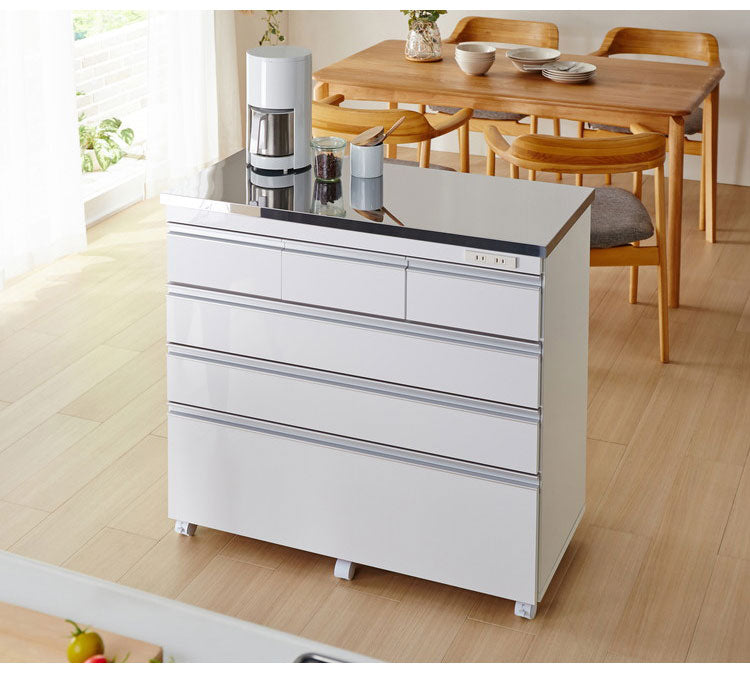 キッチンカウンター 間仕切り ステンレス天板 幅90 完成品 国産 背面化粧仕上げ 鏡面仕上げ 【開梱設置無料】 キャスター付き 4段 レンジ台 レンジラック 食器棚 キッチンワゴン(代引不可)