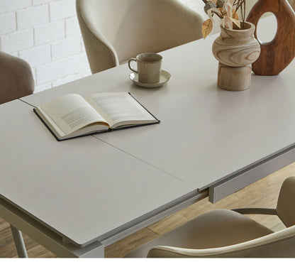 伸長式 セラミック ダイニングセット 【開梱設置無料】 140~180cm チェア4脚 4人 6人掛け 伸縮 伸長 ダイニングテーブル セラミックテーブル スチール脚 ベージュ 長方形 耐熱 人気 4人用 6人用 食卓(代引不可)